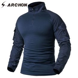 S.ARCHON Military Tactical Long Sleeve T Shirt Men Navy Blue Solid Camouflage Army Combat Shirt Airsoft Paintball Clothes Shirt 210410
