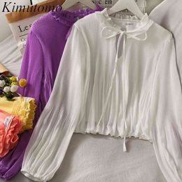 Kimutomo Bow Lace Up Fungus Blouse Women O-neck Pleated Loose Top Female Summer Puff Sleeve Chiffon Shirt Solid Casual 210521