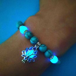 Natural Stone Bracelet Yoga Healing Luminous Glow in the Dark Lotus Charm Beads for Men Women Prayer Buddhism