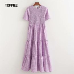 Summer Violet Daisy Printing Maxi Dress for Woman Slim Cascading Ruffles 210421