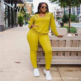 Yellow Sexy Fitness Wear Tracksuit Women 2 Piece Outfits Zipper Long Sleeve Coats Top Skinny Trousers Spring Autumn est 210525