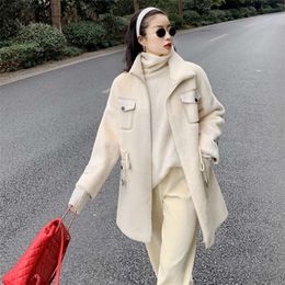 Winter Women's Imitation Mink Fur Coat Stylish Mid-Length Loose Outwear Drawstring Waist Large Size Thick Warm Jacket C-174 210928