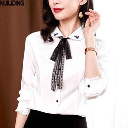 Autumn Elegant Bow-neck Women Blouses White Lace Up Chic Ruffled Sleeve Loose Female Shirts Tops Polyester Ladies 210514