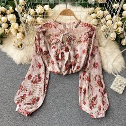 SINGREINY Korean Sweet Floral Blouse Women Fashion Pleated Puff Sleeve O Neck Ruffles Tops Autumn Casual Loose Bohemian Blouses 210419