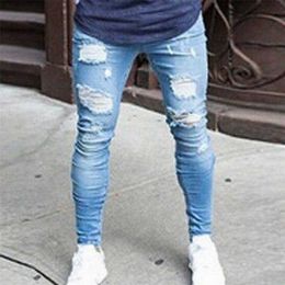 Fashion Streetwear Mens Jeans Destroyed Ripped Design Pencil Pants Ankle Skinny Men Full Length Jeans 211008