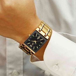 WWOOOR Relógios Mens Top Marca Luxo Gold Square Relógio de Pulso Homens de Quartzo de Negócios Cinta de Aço Impermeável Relógio Relojes Hombre 210407