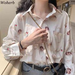Korean Fashion Loose Full Sleeve Shirts Women Angel Printed Casual Blouse Lady Streetwear Harajuku Blusas 25950 210519