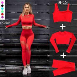 Seamless Yoga Set Sport Outfits Women 2pcs Two Piece Hollow Long Sleeve Crop top Leggings Workout Wear Gym Suit Fitness Sets 210802