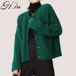 H.SA Women Knitted Korean Chic Single Breasted Long Sleeve Sweaters Sweet Knit Cardigans O Neck Soft Coats 210417