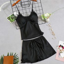 2pcs Pajamas Women Satin Tops Pants Sexy Nightwear Pyjamas Female Sleepwear Sets Lace Up Sleeveless Sling Pijamas Solid Lingerie Q0706