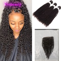 Cabelo humano virgem peruano Curly 3 pacotes com 5x5 Fechamento de renda cor natural 10-28 polegadas yirubeauty