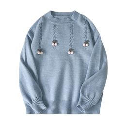 Women Sweater Knitted Pullovers Long Sleeve Crew Neck Blue Pink Yellow White Violet Cherry Fur Ball M0340 210514