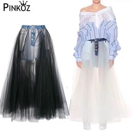 Fashion Denim Spliced Black Mesh Long Skirts High Waist See Though Spring Runway Women Double Size Jeans Skirt 210421