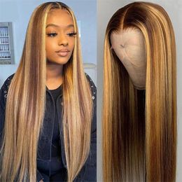 High Quality 42inches Brazilian Hair HD Bown Mixed Blonde 13X4 Frontal Wigs Long Straight Highlights Lace Front Wig Synthetic for Women