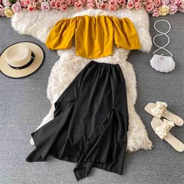 Summer Style Mid-length Irregular Ruffled High-waisted Skirt Two-piece Suit One-piece Collar Off-shoulder Tube Top C831 210506