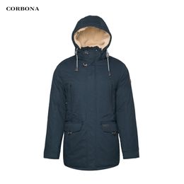 CORBONA High Quality Warm Cotton Clothing Men's Jacket Business Casual Mid-Length Fashion Thicken Coat Lamb Wool in Hat 211214