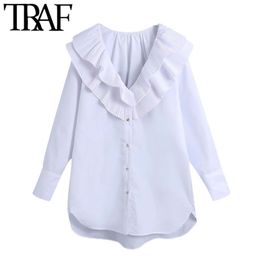 TRAF Women Fashion With Ruffle Trim Loose Blouse Vintage Long Sleeve Button-up Female Shirts Blusas Chic Tops 210415