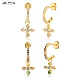ANDYWEN 925 Sterling Silver Spring Gold Clear Zircon Charm Cross Rainbow Drop Earring Gift Jewelry Fine Jewellry Clip 210608