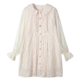 Beige Peter Pan Collar Flare Long Sleeve Button Feather A-line Mini Dress Female Women Summer Casual D1471 210514