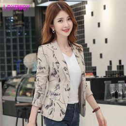 autumn Korean version of the self-cultivation retro printing small suit jacket female Office Lady Single Breasted 210416
