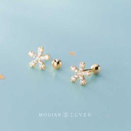 Real Sterling Silver 925 Classic Flower Stud Eearrings for Women Clear CZ Gold Colour Ear Pins Studs Fine Charm Jewellery 210707