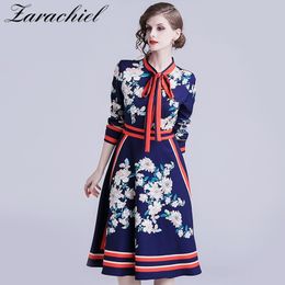 Fashion Designer Runway Shirt Fall Women Long Sleeve Contrast Bow Tie Collar Flower Print Striped Vintage Midi Dress 210416