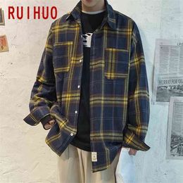RUIHUO Black Mens Shirt Plaid s For Clothing Chequered Blouse M-5XL Spring Arrival 210809