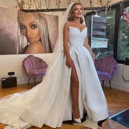 Strapless Split A Line Wedding Dresses Bridal Gowns with Pleats Court Train Lace-up Back Satin Plus Size M238