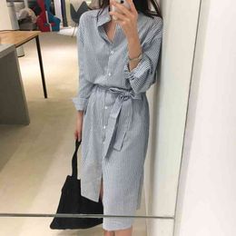 S-XL striped shirt Summer High Waist Women Cute A-Line Long Sleeve Dresses Female 210423