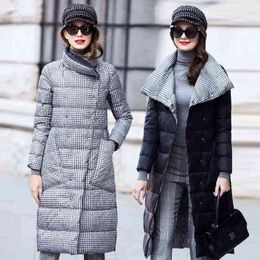Ailegogo Duck Down Jacket Women Winter Long Thick Double Sided Plaid Coat Female Warm Down Parka For Women Slim Clothes 211221