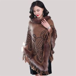 Autumn And Winter Imitation Fox Fur Cape Shawl Bat Shirt Female Coat Large Size Fringed Mid-length Sweater 210427