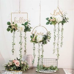 Letter Metal Hanging Hoop Floral Wreath Simulation Flower Wreath for Room Wall Wedding Decorations Aerial Pendant Garland 211104