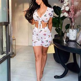 Summer Women Casual Suits Short Sleeve V-neck Lace Up Crop Top + Shorts Bodycon Two Piece Sets Butterfly Printed Sexy 210517