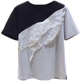 Summer Fashion Lace Patchwork Woman T Shirt Chic Contrast Color Short Sleeve Ladies Tops Simple O-neck Woamen Tshirts 210514