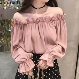 JoinYouth Ruffles Solid Blusas Mujer Spring Flare Sleeve New Fashion Blouses Women Solid Off Shoulder Sexy Shirts J391 210410