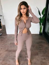 KGFIGU Two Piece Set 2020 Autumn Winter 2 Suits Women Ribbed Tracksuits Double Zipper Shirts Tops Stretchy Pants Femme Clothes Y0625