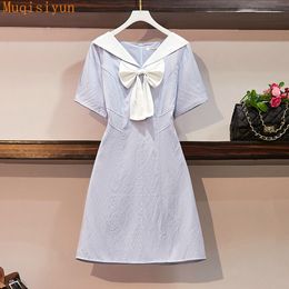 Hit Summer Dresses For Women Japanese Sweets Blue Fashion Big Bow Sailor Collar Short Sleeve Cute Dress Female Clothing 210428