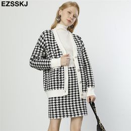 white black thick Houndstooth sweater cardigans jacket ladies women thick sweater coat v-neck cardigan jacket coat outwear 210918