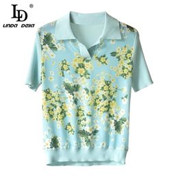 Summer Fashion Knitting Sweater Women's Short Sleeve Elegant Floral Printed Casual Ladies Elastica Tops 210522