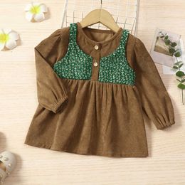 Little Girls Casual Long Sleeve Dress Fashion Print Stitching Corduroy Round neck A-line Dress 1-5Y Dresses Children's Clothing G1026