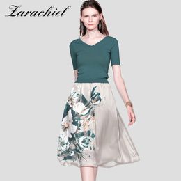 Set Women Floral Print Skirt and Knitted Blackish Green Pullover Summer V-Neck Short Sleeve Crop Top 2 Piece Outfit 210416