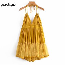 Sexy Backless Halter Sling Dress Women Mesh Patchwork V Neck Holiday Summer Beach Short Vestido Plus Size 210514