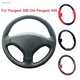 Steering Wheel Covers GERAYBU Custom DIY Black Leather Hand-sewn Car Cover For 308 Old 408 Breathable Wear-resistant