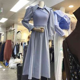 Korean Chic Women Sweater Patchwork Long Dresses Spring Fashion Stretch Knit Pull Sleeve Casual Dress Robe Femme 210514