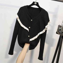 Plus Size Cardigans Knitted Women's Autumn V-Neck Single-Breasted Ruffles Sweaters Bottoming Tops Female High Quality GX1227 210506