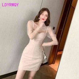 Mesh long sleeve Strapless sexy slim fit Hip Wrap Dress Style Office Lady Sheath Zippers 210416