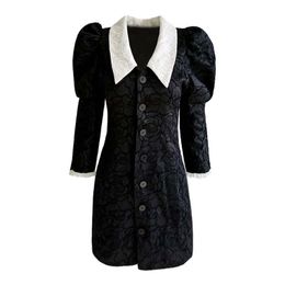 Lace Black White Rose Dress Turn Down Collar Button Floral Print 3/4 Sleeve Mini Elegant Office Lady D1566 210514