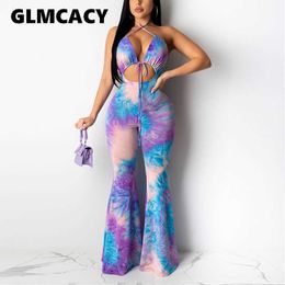 Women Halter Backless Tie Dye Printed Sleeveless Bell Bottom Bodycon Jumpsuits Sexy & Club Jumpsuits 210702