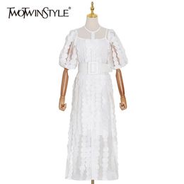 White Patchwork Appliques Dress For Women O Neck Petal Sleeve High Waist Sashes Bohemian Dresses Female 210520