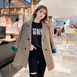 Double Breasted Plaid Women Blazer Pockets Jacket Spring Autumn Female Long Sleeve Loose Office Ladies Suit Coat Outerwear 210416